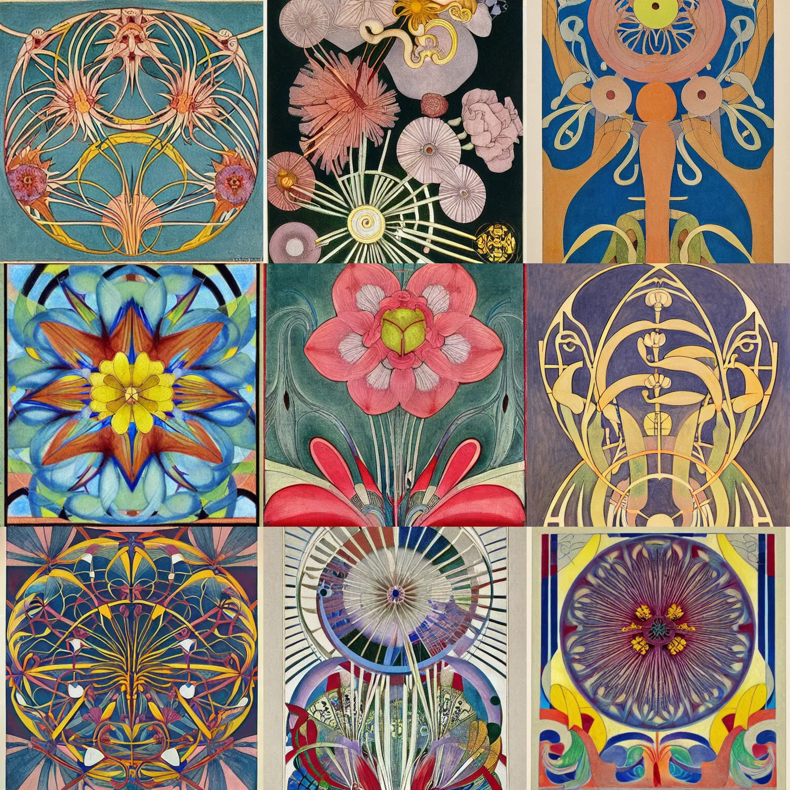 Prompt: flower ( ( art nouveau ) ) ( ( bauhaus ) ), ( ( ancient ) ), intricate detail, sharp focus, colorful, by ( ( hilma af klint ) ) and escher and hokusai and ( botticelli ) and frank lloyd wright and ( ( james jean ) ) and ( hr geiger )