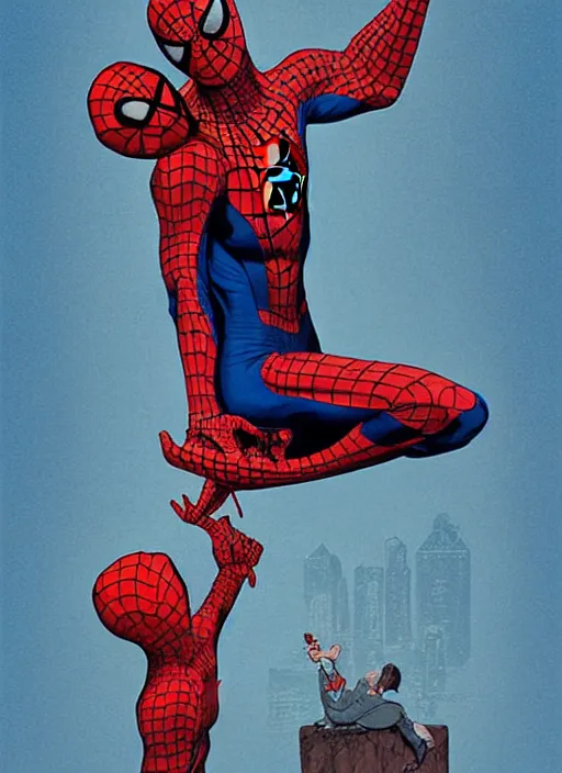 Prompt: poster artwork by Michael Whelan and James Jean, dramatic pose of Spiderman holding Mary Jane, reality is a web of lies, psychological thriller from scene from Twin Peaks, clean, simple illustration, nostalgic, domestic, full of details