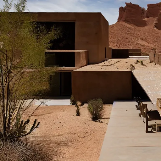 Image similar to desert house made from rammed earth and weathered steel, courtyard with cactus and palo verde trees, photorealistic, detailed, cinematic lighting