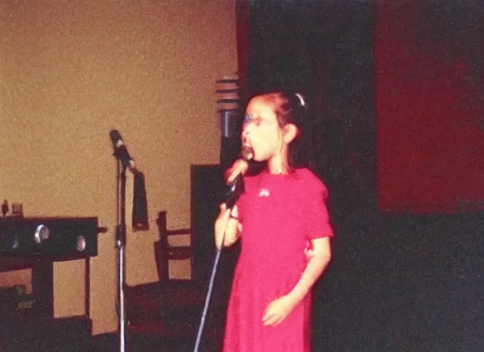 Prompt: A 10-years-old girl singing on the small stage in her room. Home video footage, Color VHS picture quality with mixed noise, Filmed by dad.