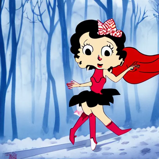 Prompt: betty boop riding a fox through the woods, cartoon, high definition