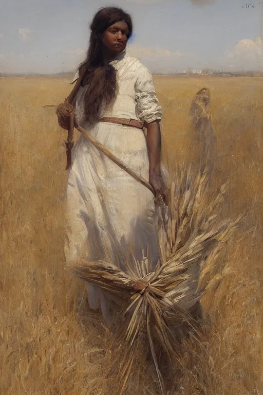 Prompt: Solomon Joseph Solomon and Richard Schmid and Jeremy Lipking painting full length portrait painting of a young woman carrying a sheaf of wheat