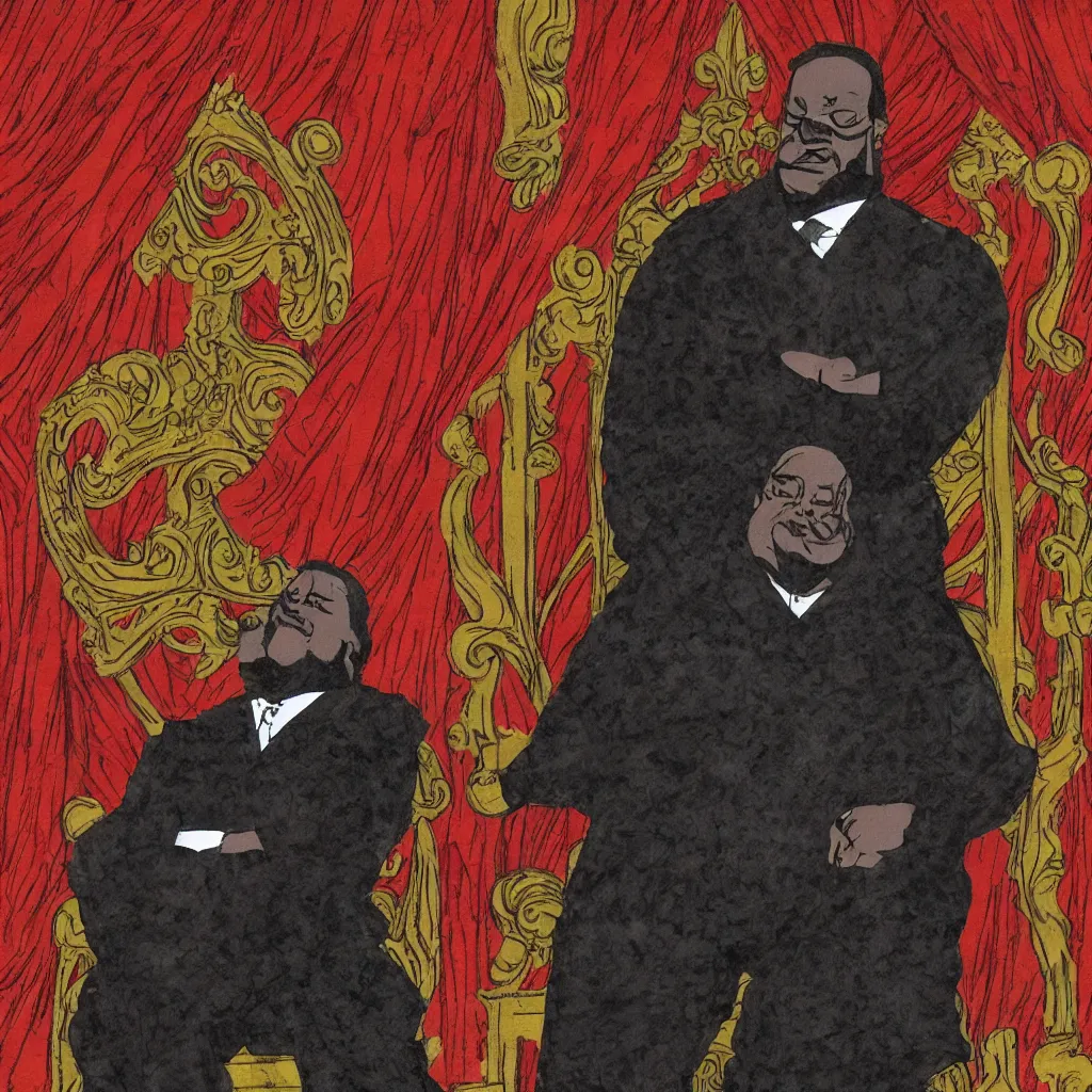 Image similar to style of frank miller, portrait of big black man sitting on throne, background made of big curtains