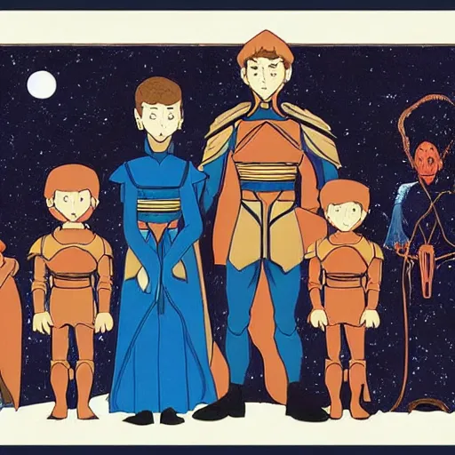 Prompt: family portrait of duke leto atreides and prince paul atreides, dune, aristocratic, space opera, in the style of yamato - e, tosa school, tosa mitsuoki, tosa mitsunobu, iwasa matabei, awataguchi takamitsu.