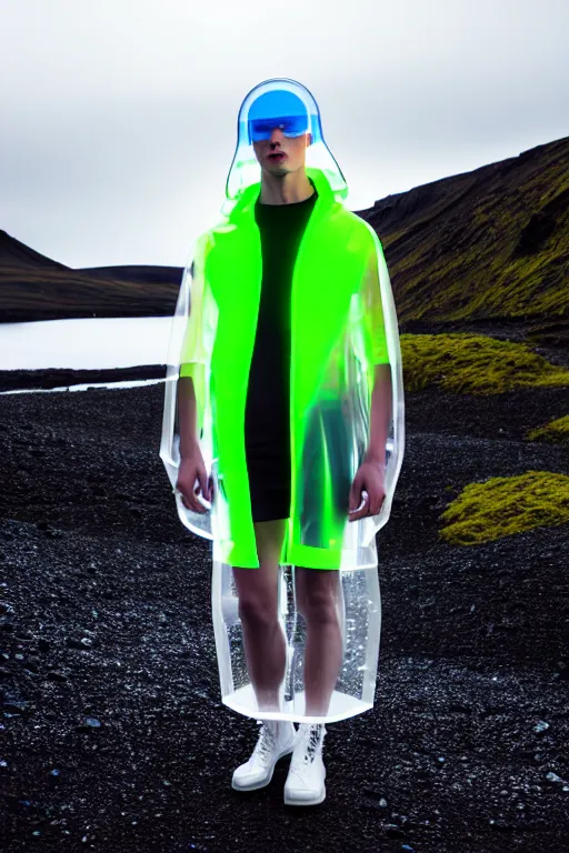 Image similar to an ultra high definition professional high fashion portrait studio full length photograph of a male model wearing a transparent pearlescent raincoat and neon visor in an icelandic black rock environment at dawn. no artefacts. extremely detailed. stark. refraction. shallow depth of field. volumetric light and shadow. ray tracing. light rays.