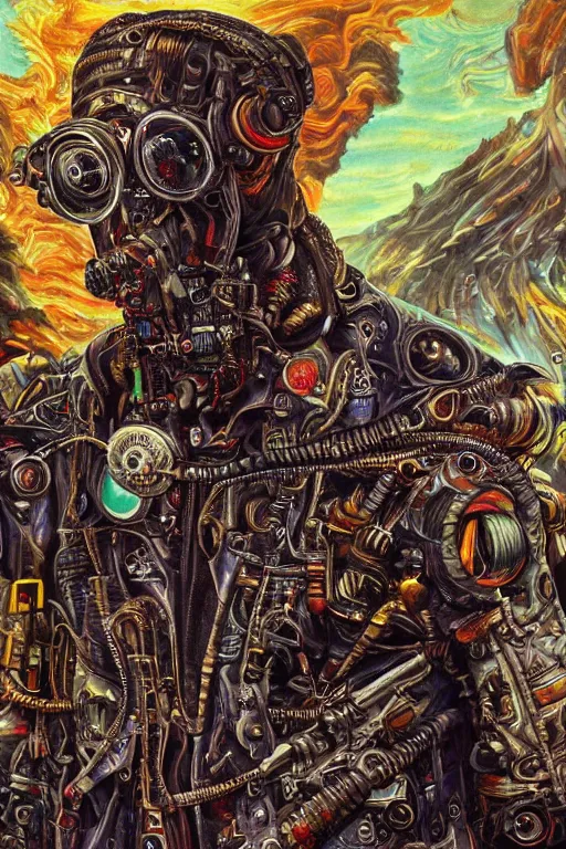 Prompt: a high detailed hyper - detailed painting of a rebel cyborg with a leather jacket, he wants to help free humans and eliminate the governments of the earth so that people can live in freedom and self - government but for that he needs to help raise human and robotic knowledge, psychedelic surreal magical dystopian technological utopian psycho spiritual art, chaotic anarchist art fulcolor