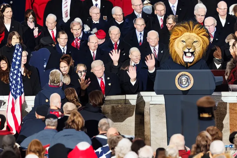 Image similar to photo of the usa presidential inauguration, a lion fursuiter being inaugurated as president