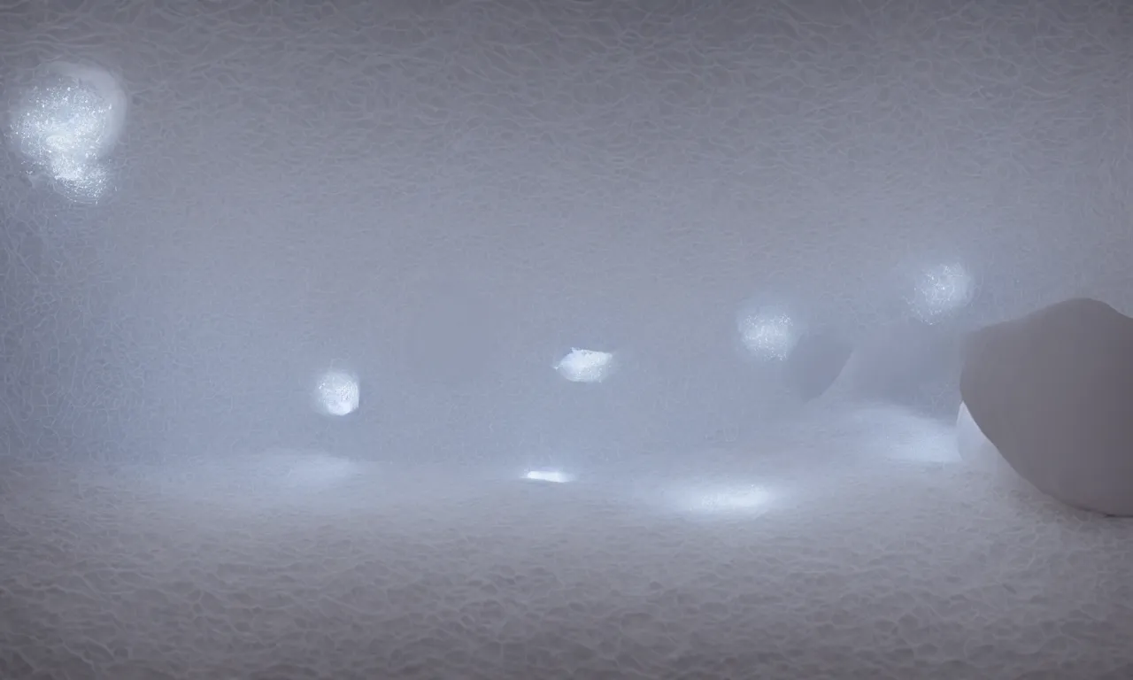 Image similar to soft vellum bedding floating in the void, comforter lobes stretched taught in places and bunched up in places, ambient occlusion, 1/40mm f/1.4 photograph of thick dough made out of aerogel, pinned together with a 2-3 softly luminous spheres pinning distant areas together, stark sunrise lighting, mound of perfect laundry floating in space