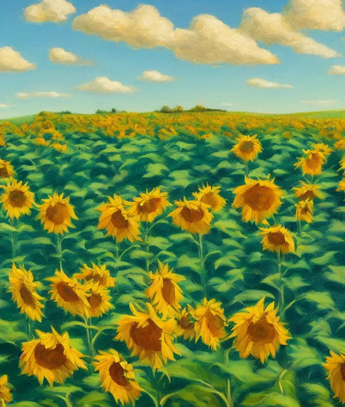 Image similar to a highly detailed sunflower field, baby blue sky with very aesthetic stylized clouds, in the style of edward hopper, very fine brushstrokes, 4 k,