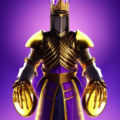 Image similar to a highly detailed knight with glowing purple eyes in a T golden helmet and a golden crown with a blue diamond in the center, golden armor, leather clothes under the armor, leather gloves, holds a black sword, artstation, DeviantArt, professional, octane render, sunset lighting