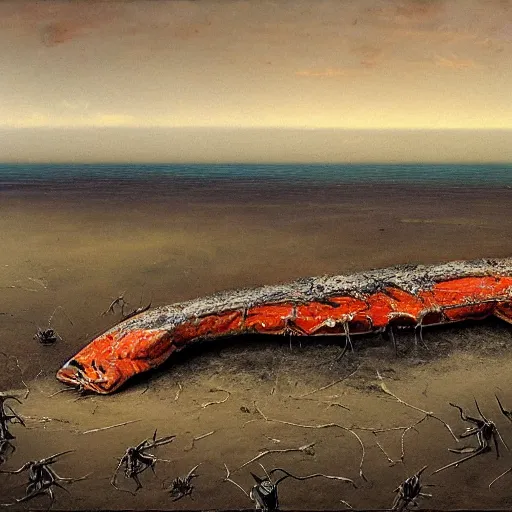 Image similar to decaying salmon on the beach, spiders, by beksinski, 4 k, ultra realistic, highly detailed.