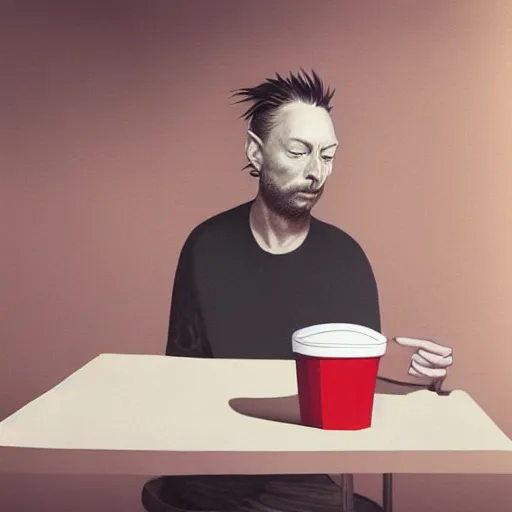 Prompt: thom yorke eating at mcdonalds, portrait, highly detailed, deep focus, elegant, digital painting, smooth, sharp focus, illustration, ultra realistic