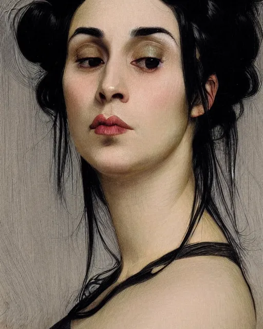 Prompt: portrait of a tall 4 0 - year - old woman with thin lips, long, lush black hair gathered on the head bun, and thick eyebrows, wearing in black clothes, aristocratic appearance, hyper realistic face, beautiful eyes, close up, fantasy art, in the style of greg rutkowski, intricate, alphonse mucha, hyper detailed, smooth