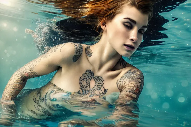 Image similar to underwater photography full body portrait of beautiful norwegian diver tattooed young hunter pincess swimming underwater, low angle, realistic, 4 k, high quality, masterpiece photography by terry o'neill intricate, elegant, highly detailed, smooth, sharp focus, by artgerm and greg rutkowski and alphonse mucha, 8 k