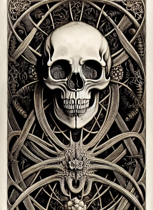 Image similar to art forms of nature by ernst haeckel, memento mori by arthur rackham, ornate antique porcelain beautiful skull mask, ultrasharp, photorealistic, hyperdetailed, octane render, polished, art nouveau, neo - gothic, gothic, intricate ornamental organic filigree, art nouveau botanicals, art forms of nature by ernst haeckel, horizontal symmetry, symbolist, visionary