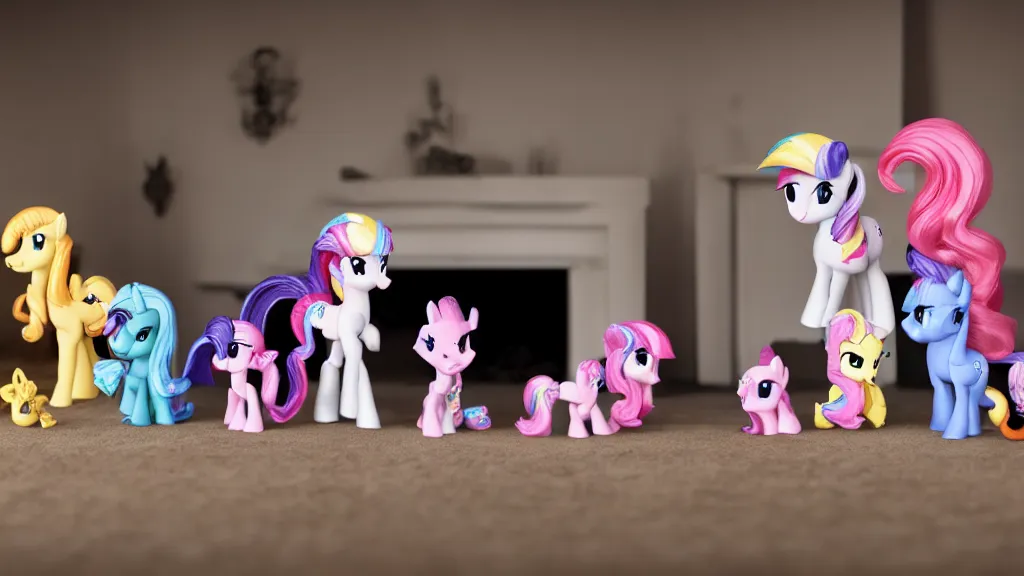 Image similar to A wholesome scene of My Little Pony figurines in front of a fireplace, 4k, 8k, photography, studio lighting