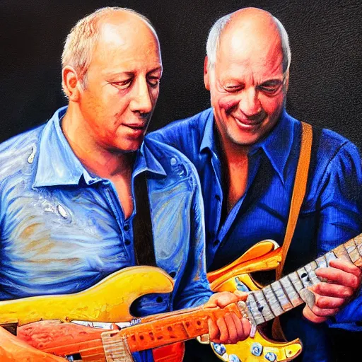 Prompt: portrait of mark knopfler with david gilmour, joyful, highly detailed painting by stephen bliss, boxart, 8 k