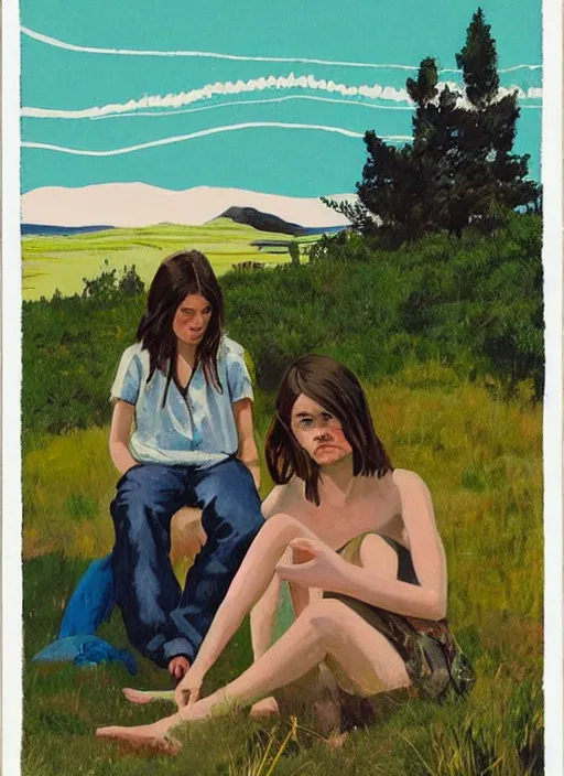 Image similar to composition by justine kurland, a up - close portrait of girl friends sitting in a scenic representation of mother nature and the meaning of life by billy childish, thick visible brush strokes, shadowy landscape painting in the background by beal gifford, vintage postcard illustration, minimalist cover art by mitchell hooks