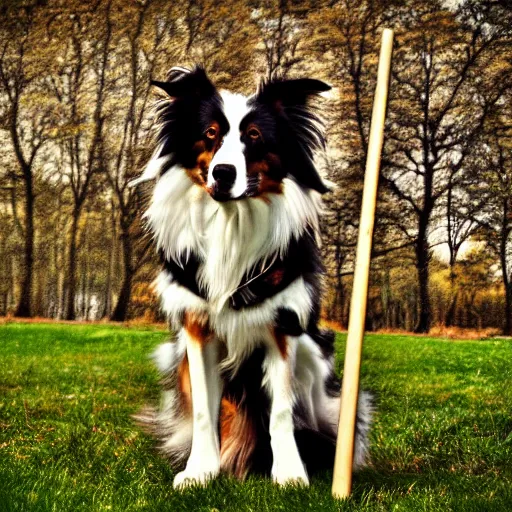 Prompt: collie with huge stick balanced horizontally, film grain, specular highlights, wide angle lens, cinematic