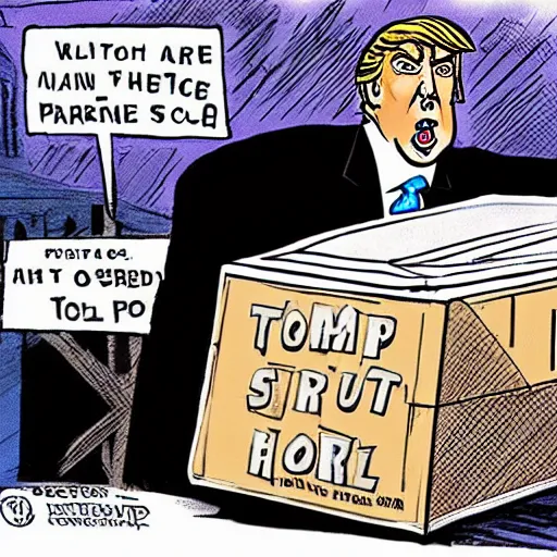 Image similar to trump sneaking out of the white house holding a box labeled top secret, political cartoon by ben garrison