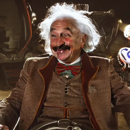 Image similar to albert einstein as willy wonka in gears of war, splash art, movie still, cinematic lighting, dramatic, octane render, long lens, shallow depth of field, bokeh, anamorphic lens flare, 8 k, hyper detailed, 3 5 mm film grain