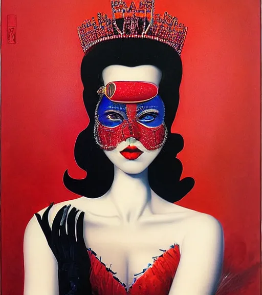 Prompt: an 8 0 s portrait of a woman with dark blue eye shadow and red lips with dark slicked back hair, a mask of beads and jewels hanging from a crown by serge lutens, rolf armstrong, delphin enjolras, peter elson, background of classic red cloth