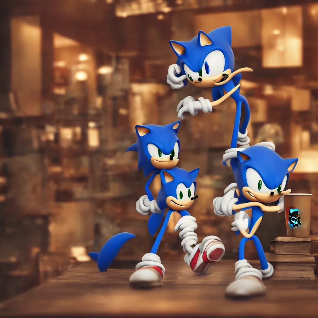 Prompt: Sonic having a cup of tea at starbucks. Beautiful composition, 3d render trending on artstation, medium shot, indoor smooth light