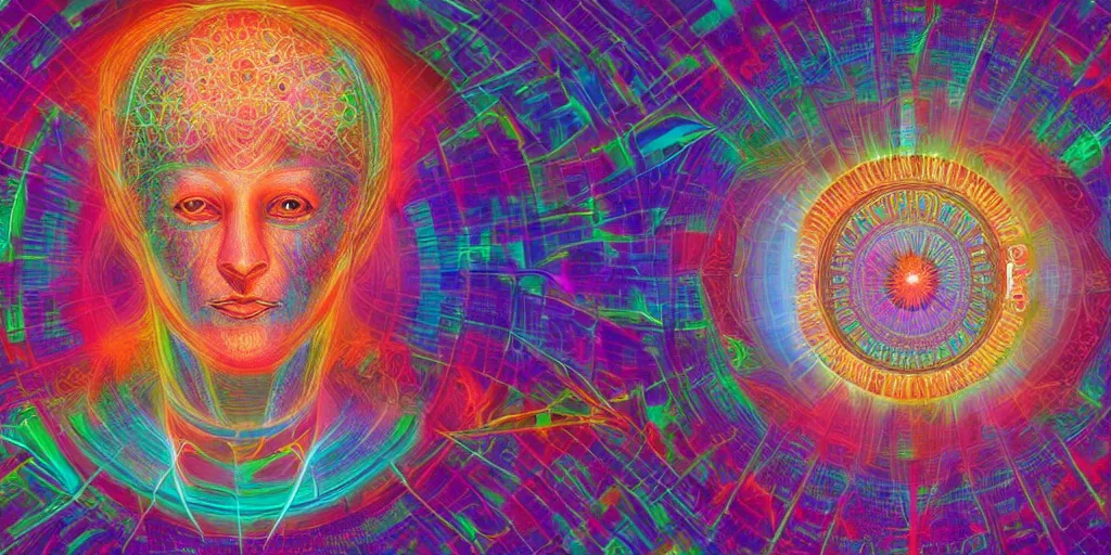 Image similar to transcendence into collaborative intelligence, endless collaboration with ai, connectedness, body, by alex grey, album cover, award winning, beautiful, colorful, volumetric lighting, trending on artstation, cinematic