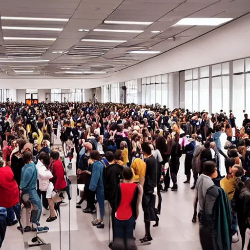 Image similar to a huge room full of people, many tall standing mirrors reflecting the people in room