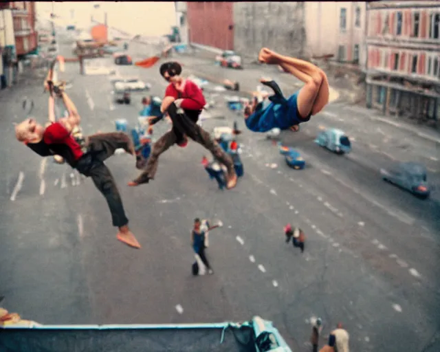 Image similar to lomo photo of roofjumpers climbing on roof of soviet hrushevka, small town, cinestill, bokeh, out of focus