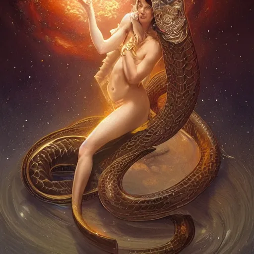 Image similar to serpent made of stars curled in the sky, extremely detailed, 8 k, fantasy, elegant, pale, highly detailed, digital painting, artstation, concept art, smooth, sharp focus, illustration, art by artgerm and greg rutkowski and alphonse mucha