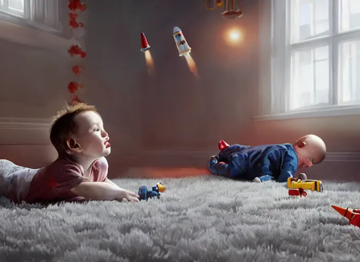 Prompt: toddler elon musk lying on a shaggy rug playing with his space rockets, realistic, beautiful soft lighting, istvan sandorfi