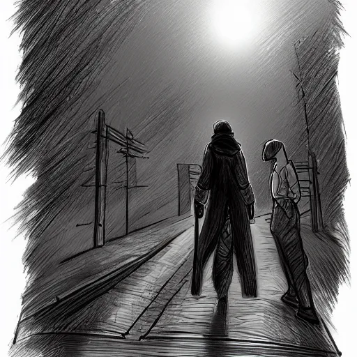 Prompt: a sketch, a drawn person walks along the road, souls stand along the road and ask for help, you can see the light in the distance and the gates of paradise by gabo mendoza, trending on artstation