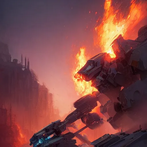 Prompt: portrait of timberwolf battlemech on fire, battle damage, sunset glow around head, intricate, elegant, highly detailed, digital painting, artstation, concept art, smooth, sharp focus, illustration, art by artgerm and greg rutkowski and alphonse mucha, background is a city in ruins