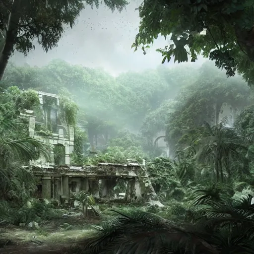 Image similar to Abandoned ruins of city in the middle of the jungle, 8k, detailed, concept art, trending on artstation