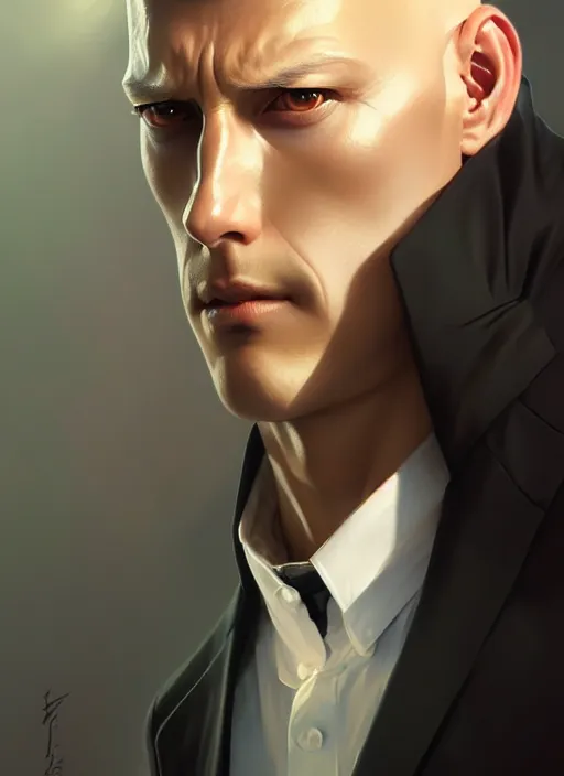 Prompt: ultra realistic illustration, handsome saitama. intricate, elegant, black suit, highly detailed, digital painting, artstation, concept art, smooth, sharp focus, illustration, art by artgerm and greg rutkowski and alphonse mucha and wlop