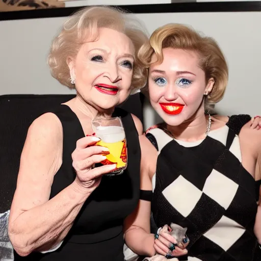 Prompt: betty white drinking white claw with miley cyrus