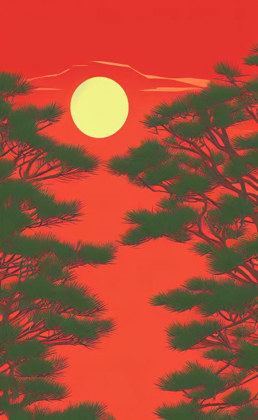 Prompt: hanafuda, a bunch of japanese pines to the left side, a big red sun in the background, front game card, vector line art, trending on behance, concept art, stunning, matte