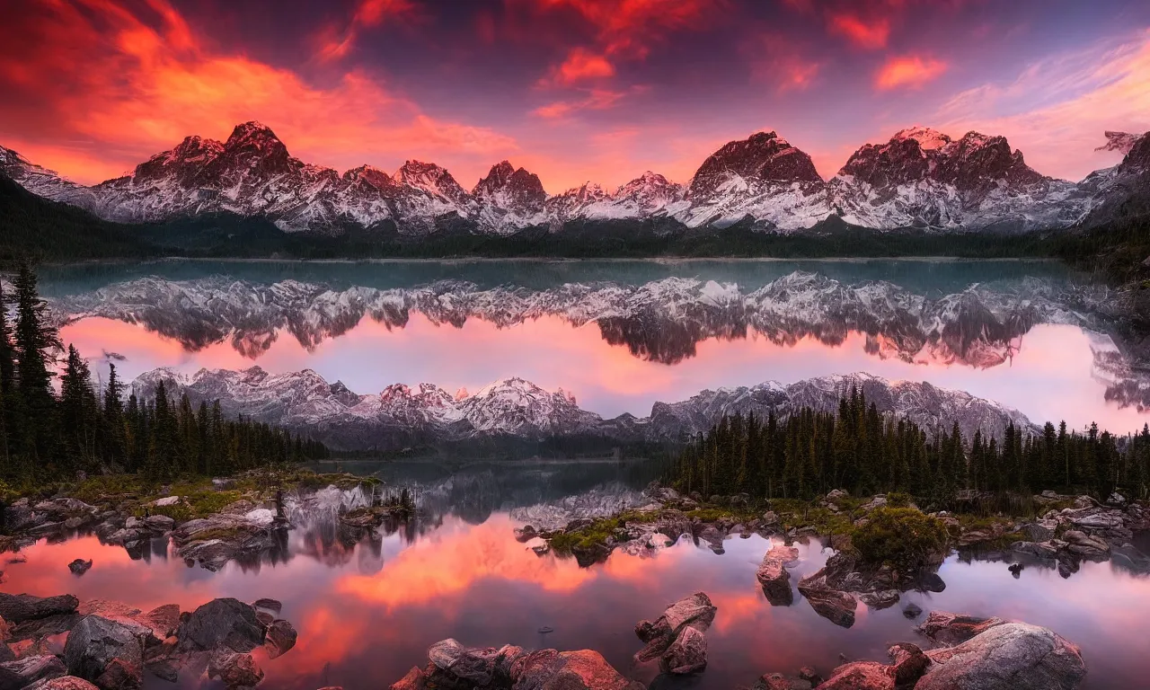 Image similar to amazing landscape photo of mountains with lake in sunset by marc adamus, beautiful dramatic lighting