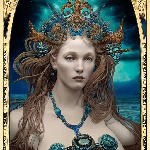 Prompt: portrait of siren queen made with porcelain by Jeff Easley and Peter Elson + beautiful eyes, beautiful face + symmetry face + border and embellishments inspiried by alphonse mucha, fractals in the background, galaxy + baroque, gothic, surreal + highly detailed, intricate complexity, epic composition, magical atmosphere + masterpiece, award winning + trending on artstation