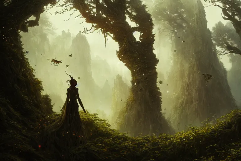 Image similar to detailed intricate digital illustration by greg rutkowski and david friedrich and ruan jia and fenghua zhong and steven belledi ; gothic fantasy valley and forest faerie fey unseelie in background ; 1 3 mm film, arri alfa anamorphic lens ; sharp focus, eventide, fireflies ; trending on artstation 8 k