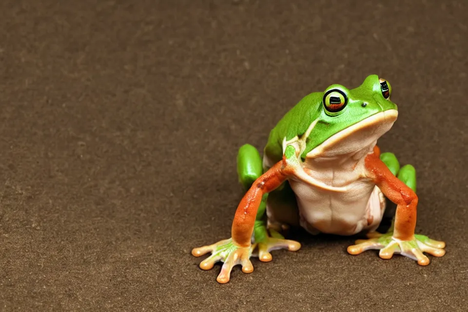 Image similar to anthropomorphic muscular frog, photography