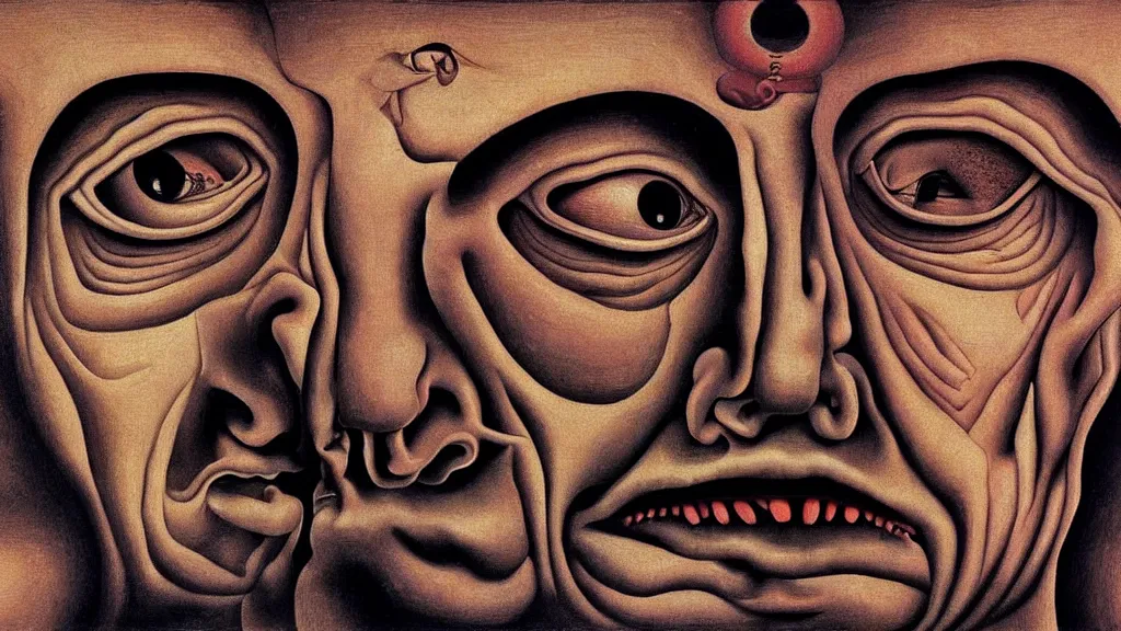 Prompt: a weeping man screams in agony, closeup on face, extreme facial symmetry |, afterlife, souls in joy and agony | abstract oil painting, gouche on paper by MC Escher and Salvador Dali |