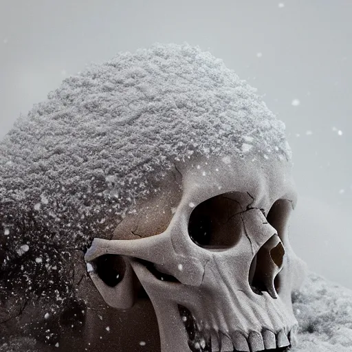 Prompt: skull sculpture covered in snow with a foggy background, 8 k, octane render, realistic, aesthetic