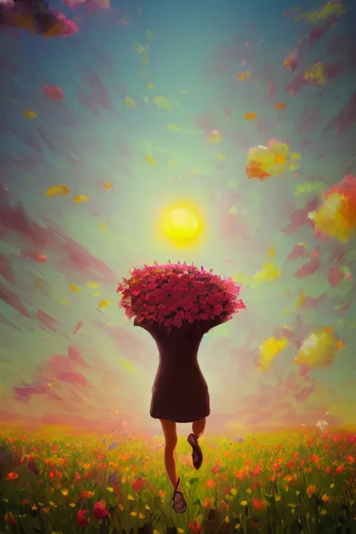 Image similar to closeup, giant flower head, girl in suit jumping in field of flowers, surreal photography, sunrise, blue sky, dramatic light, impressionist painting, digital painting, artstation, simon stalenhag