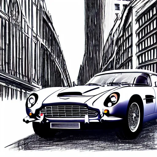 Image similar to copic marker pen drawing of an aston martin db 5 concept car, in a rich london business district street, medium range, sharp, very detailed, high resolution, trending on artstation