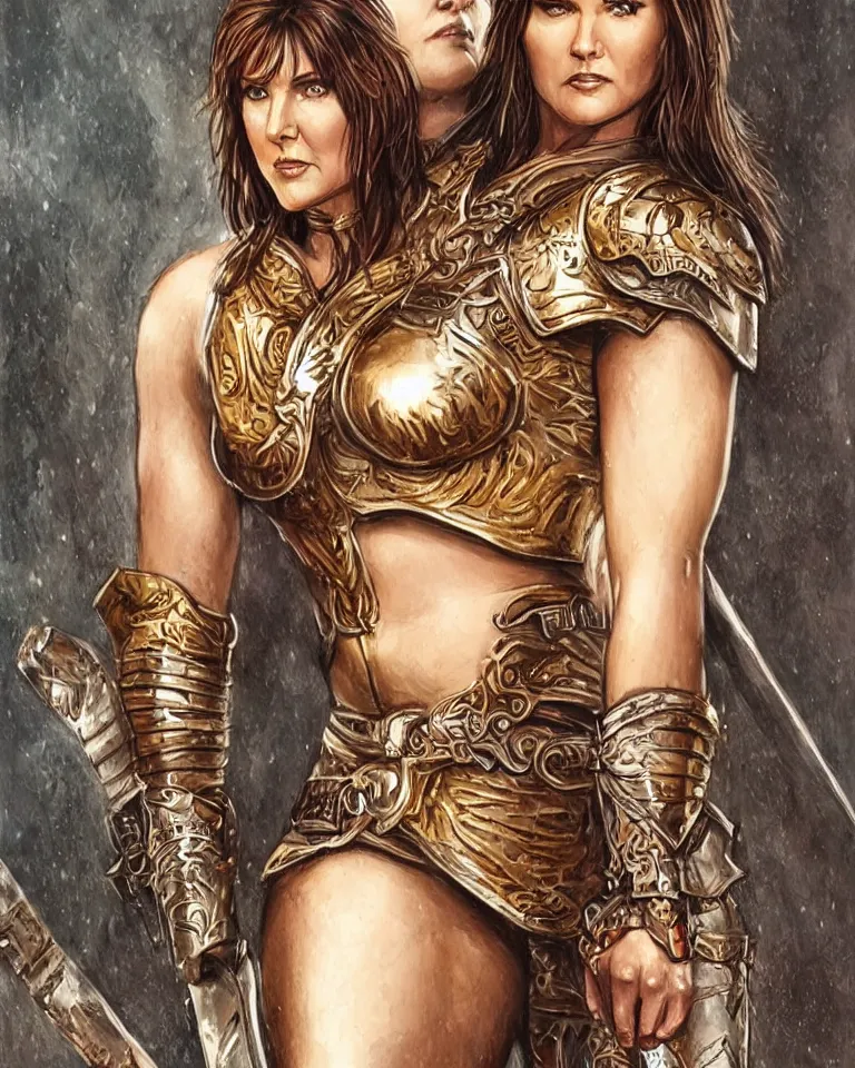 Image similar to lucy lawless, xena warrior princess as an amazon warrior, a tall beautiful woman with brown skin and long hair, dressed in hellenistic body armor, intricate, elegant, highly detailed, smooth, sharp focus, detailed face, art by ardian syaf