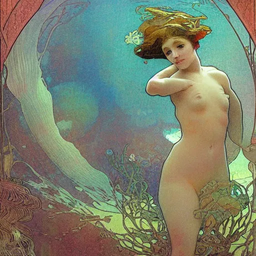 Image similar to Young girl dancing at the bottom of the sea,Perfecting the contours of the face,full-body,Realistic style,smog,Corals, aquatic plants, tropical fish,by Alfons Maria Mucha style