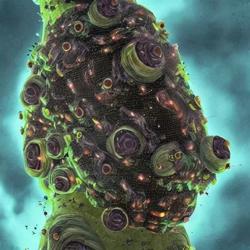 Prompt: a 3 0 0 lbs swarm of tardigrades, tightly packed into the shape of the governator in his prime and controlled by a disgruntled hive consciousness, horror render, impressively detailed, zoomed out view
