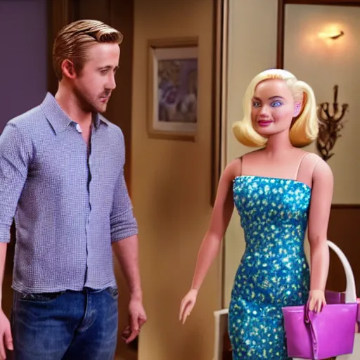 Image similar to still of ryan gosling and margot robbie, in barbie movie